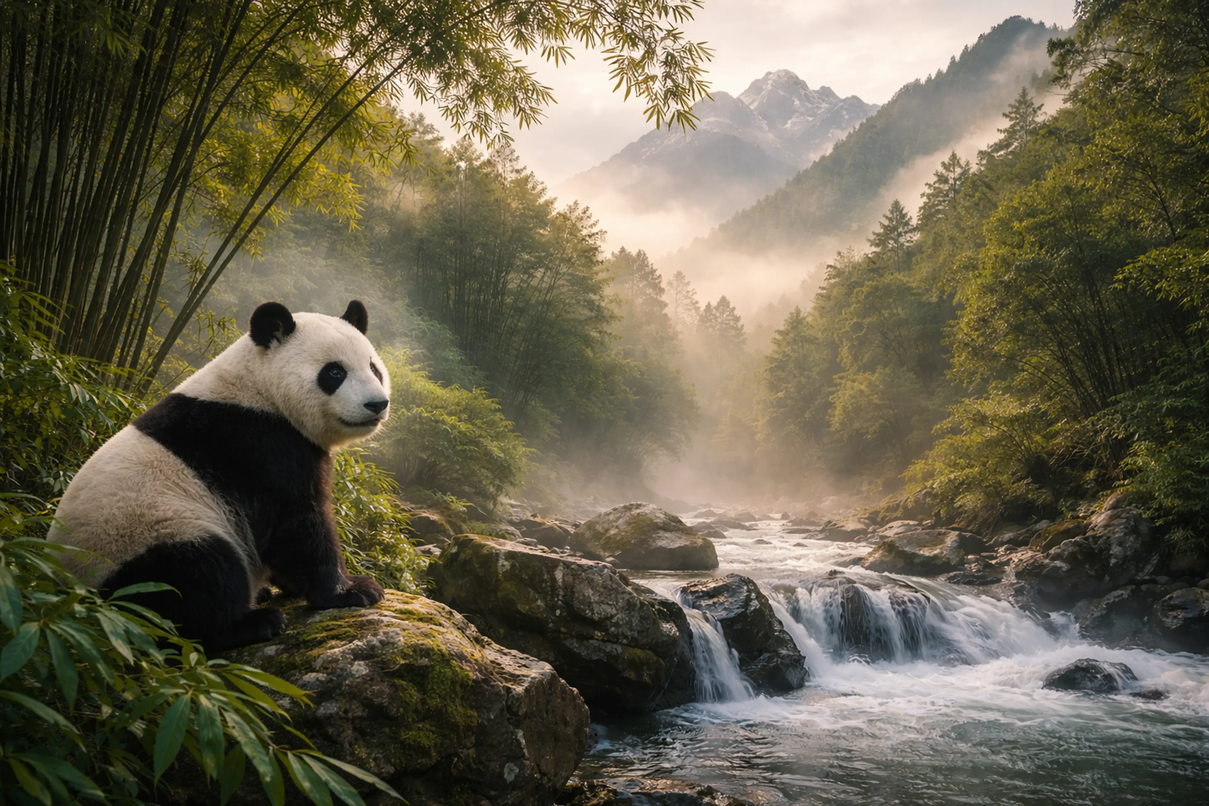 Mist over forested valleys in the Minshan Mountains.